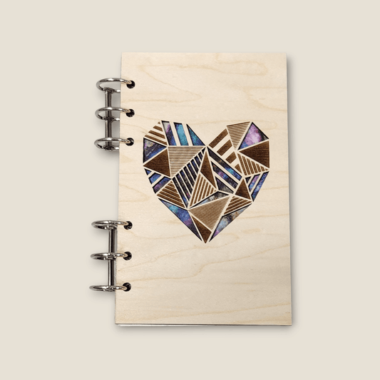 Wood refillable notebook with blue and gold heart design and metal binder rings
