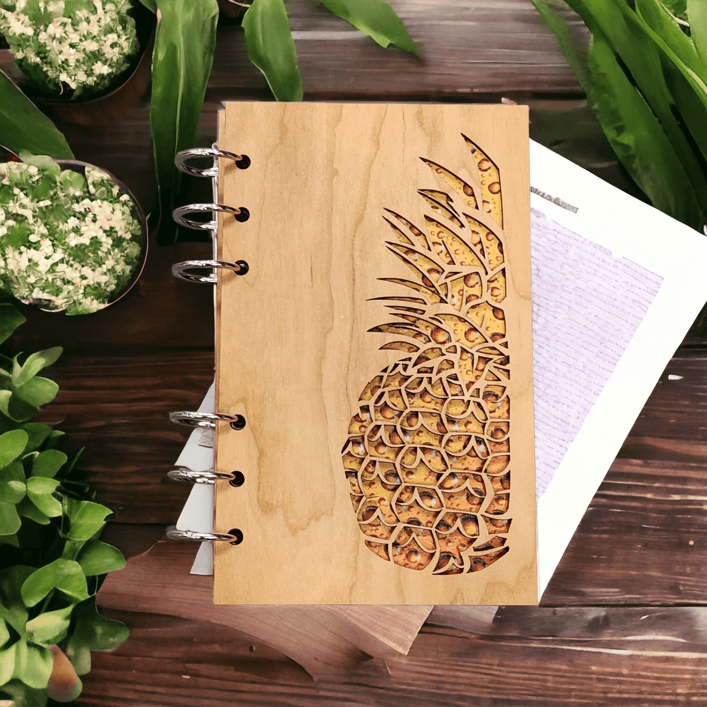 A6 refillable wood journal notebook with pineapple cutout design and metal ring binding