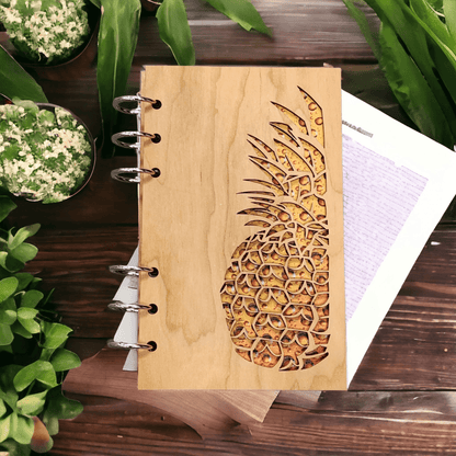 A6 refillable wood journal notebook with pineapple cutout design and metal ring binding