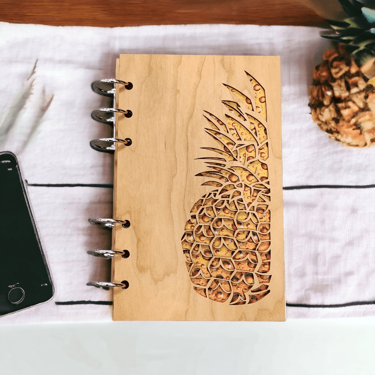 A6 refillable wood journal notebook with pineapple engraving and silver metal ring binder
