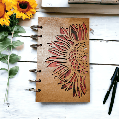 A6 wood journal notebook with sunflower laser-cut cover and metal ring binder