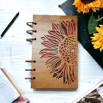 A6 wood journal notebook with sunflower laser-cut cover and silver metal rings