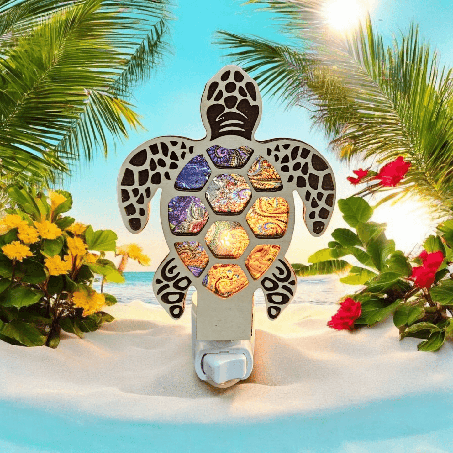 Sea turtle LED night light with multicolor stained-glass mosaic shell and white base