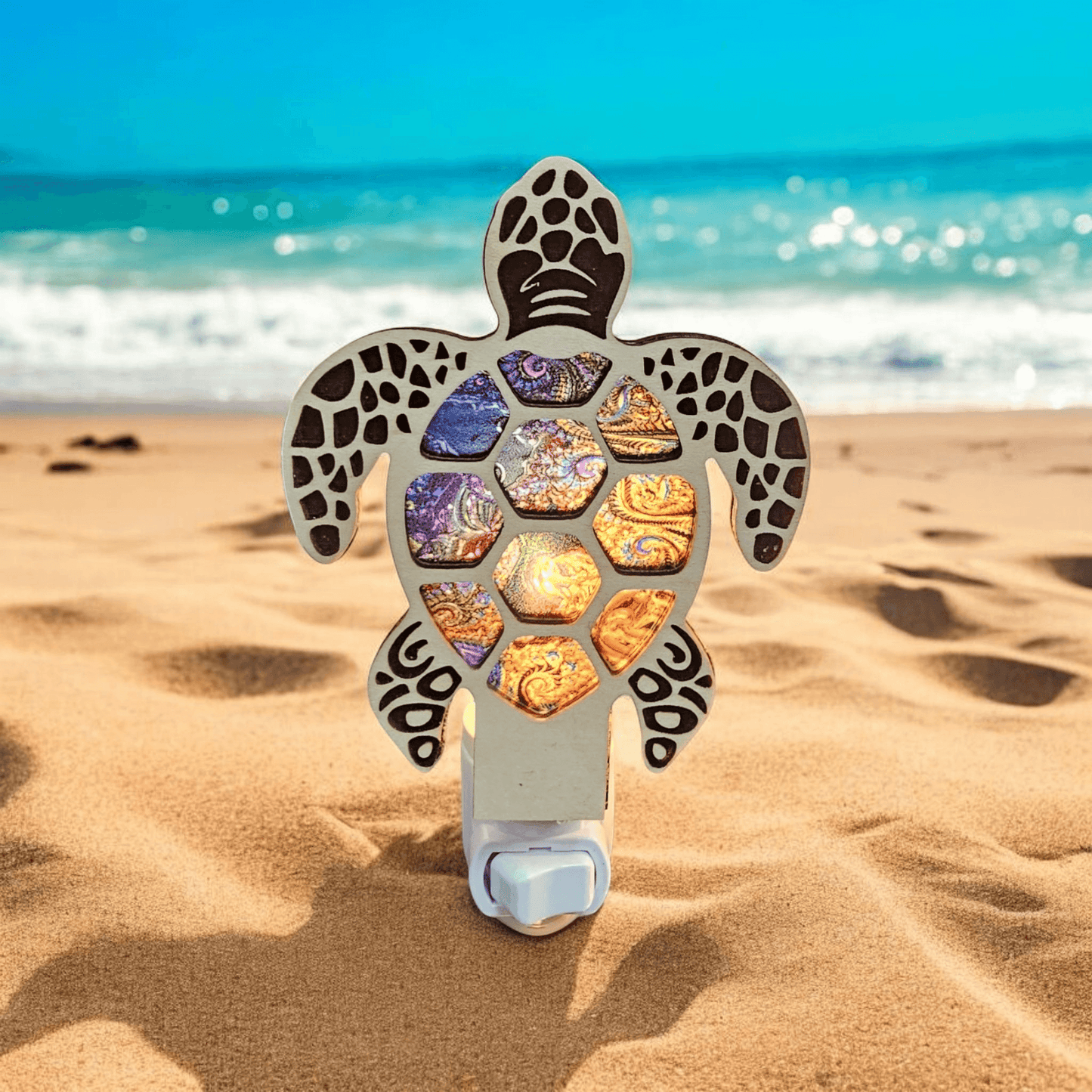 Sea turtle LED night light with stained-glass mosaic shell and warm orange accents