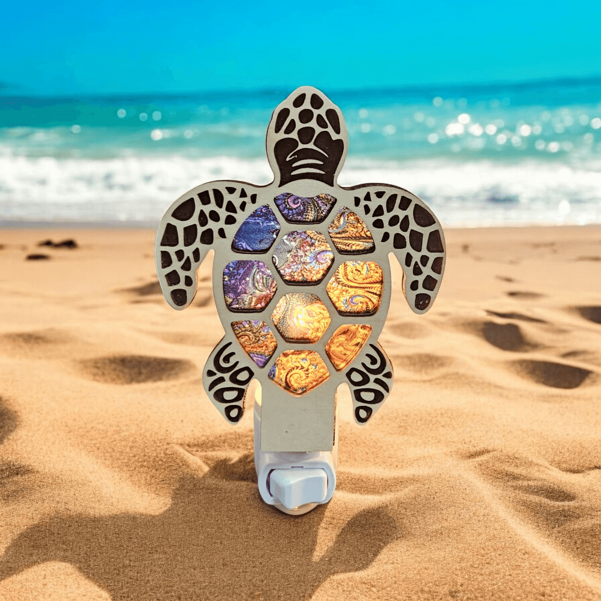 Sea turtle LED night light with stained-glass mosaic shell and warm orange accents