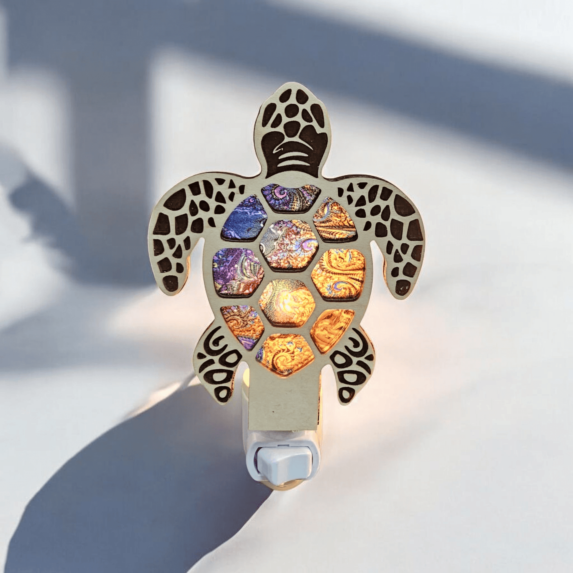 Sea turtle LED night light, stained-glass mosaic shell, white base plug