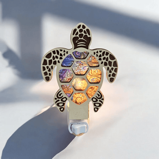 Sea turtle LED night light, stained-glass mosaic shell, white base plug