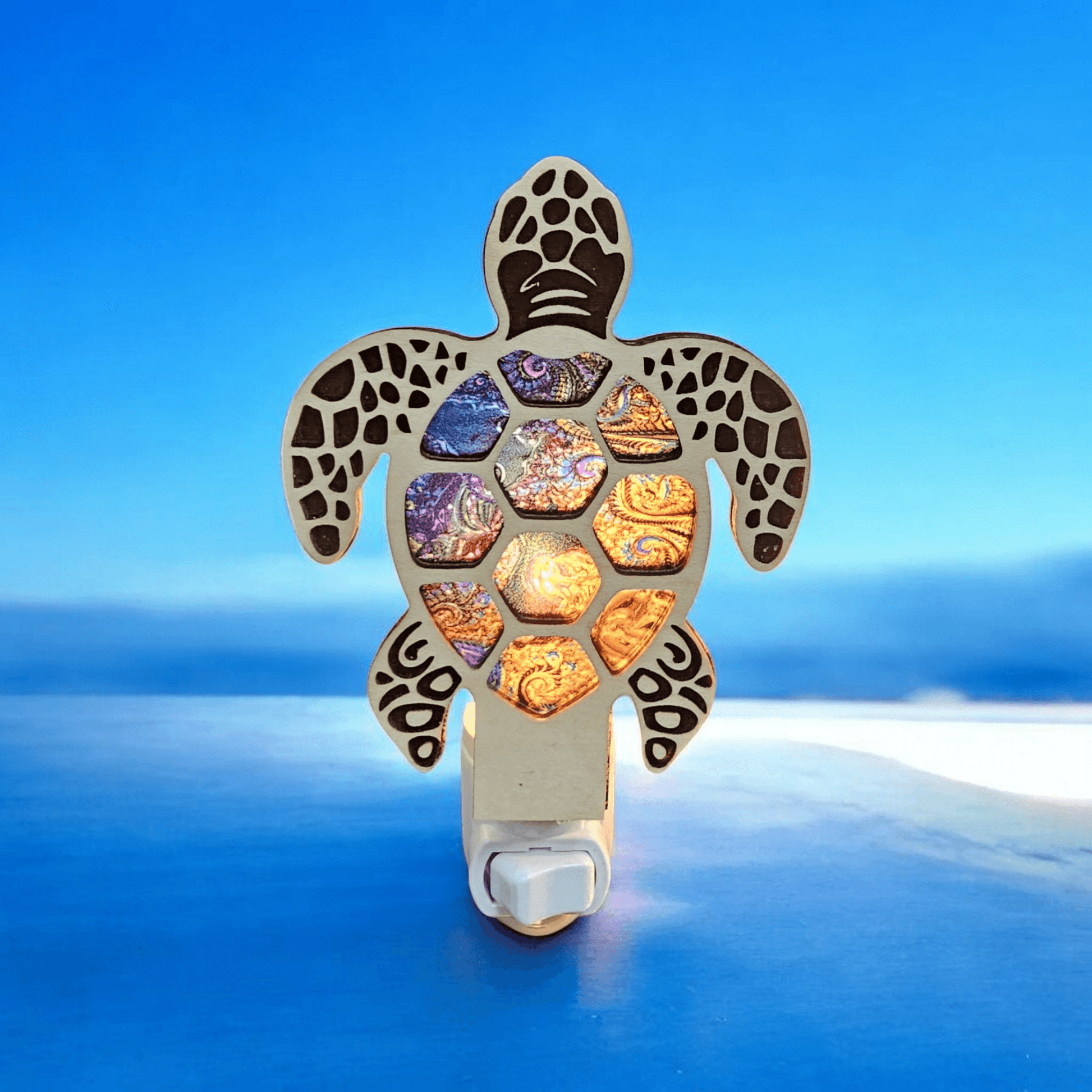 Sea turtle LED night light with stained-glass mosaic turtle and white wall plug