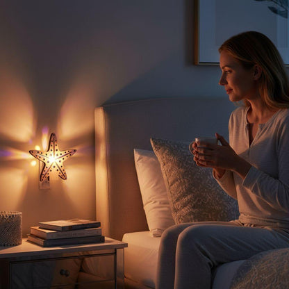 Starfish LED nightlight glowing beside a bed
