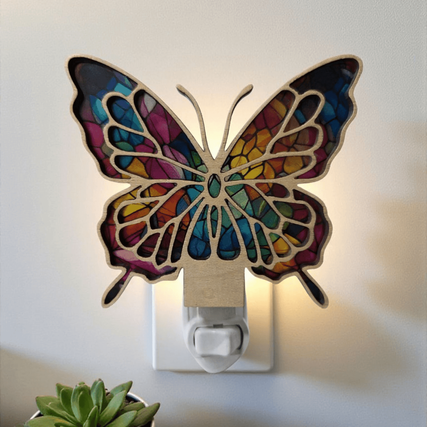 Butterfly wood LED night light with multicolor butterfly design and wall socket