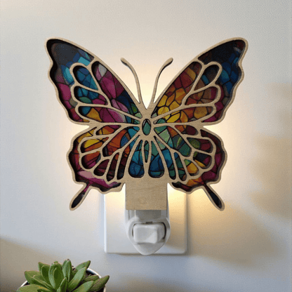 Butterfly wood LED night light with multicolor butterfly design and wall socket
