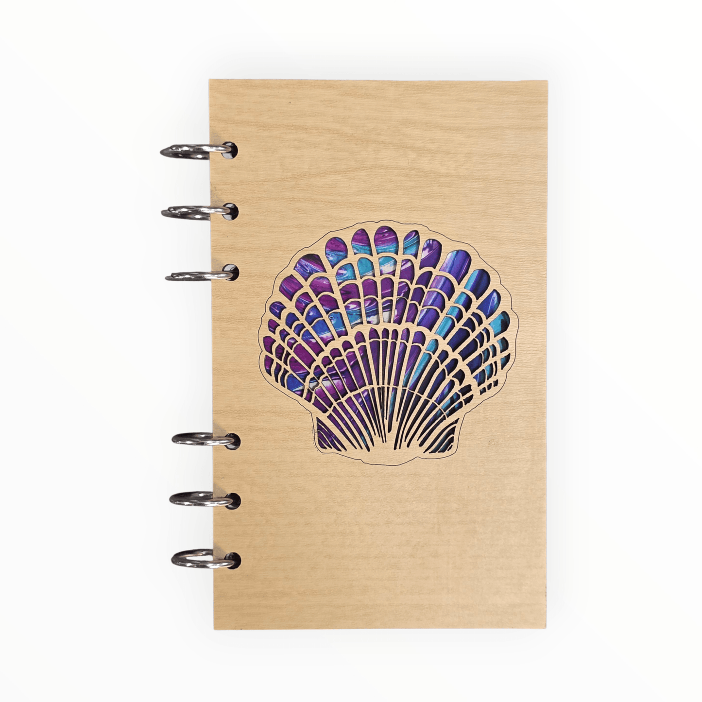 A6 refillable notebook journal with purple seashell graphic on kraft cover and metal rings
