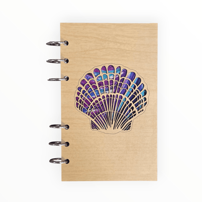 A6 refillable notebook journal with purple seashell graphic on kraft cover and metal rings