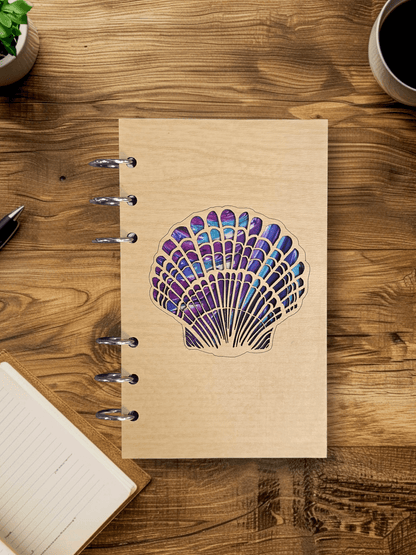 A6 refillable notebook journal with kraft beige cover, purple seashell graphic, metal rings