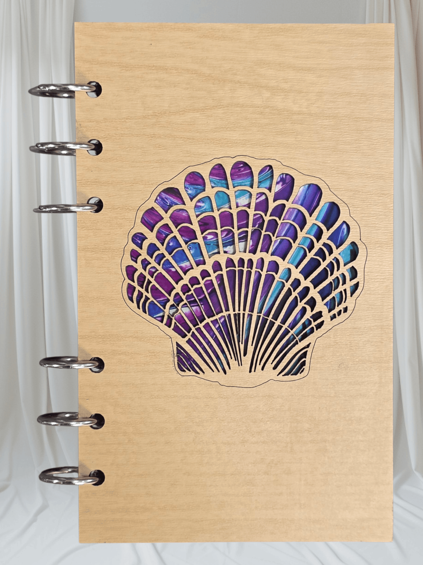 A6 refillable journal cover with purple seashell illustration and silver metal binder rings