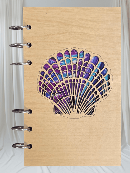A6 refillable journal cover with purple seashell illustration and silver metal binder rings