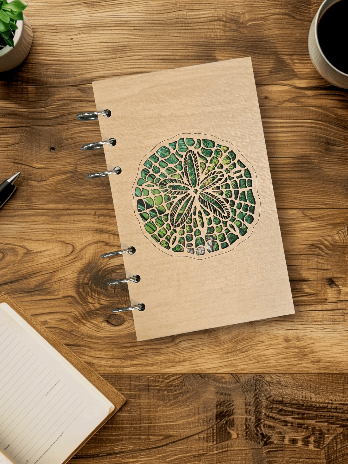 A6 refillable wood notebook journal with green sand dollar artwork and 6 metal rings