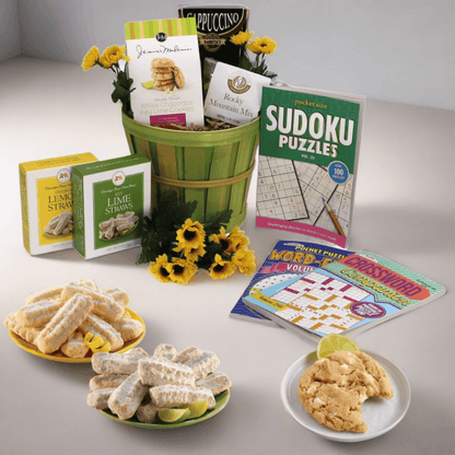Gift basket with green bamboo-style container, sunflower accents, and assorted snack boxes