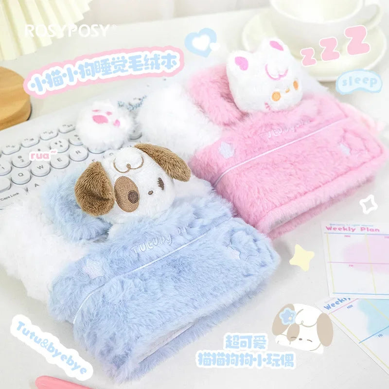 Plush sleepy puppy notebook with blue and pink fuzzy covers, plush character and weekly sheets