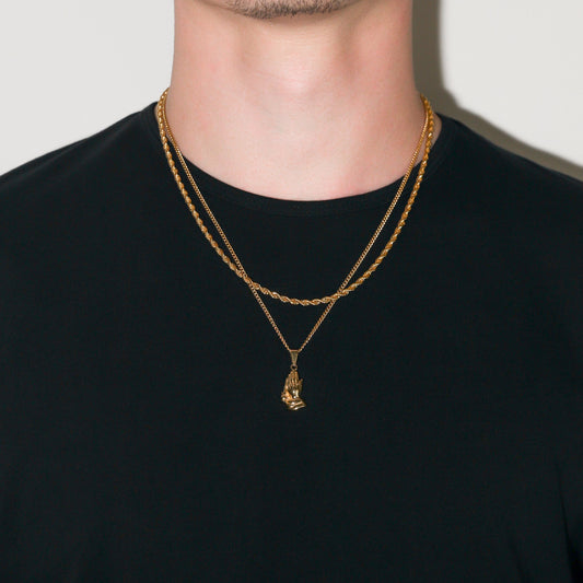 Gold rope chain with praying hands pendant, two-layer necklace style