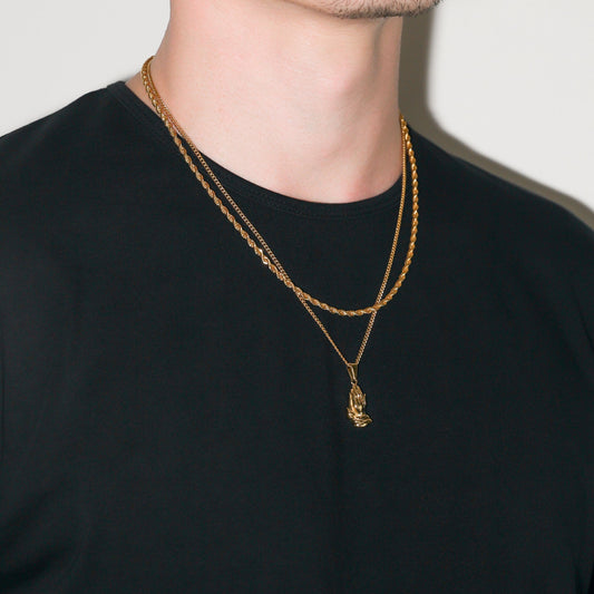 Gold rope chain and praying hands pendant necklace, layered look