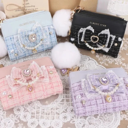 Assorted pastel quilted wallets: pink, light blue, and lavender with heart charm bows