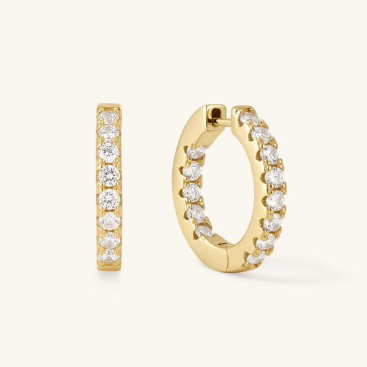 Large gold vermeil hoop earrings with clear CZ stone row detailing, 17.7mm.