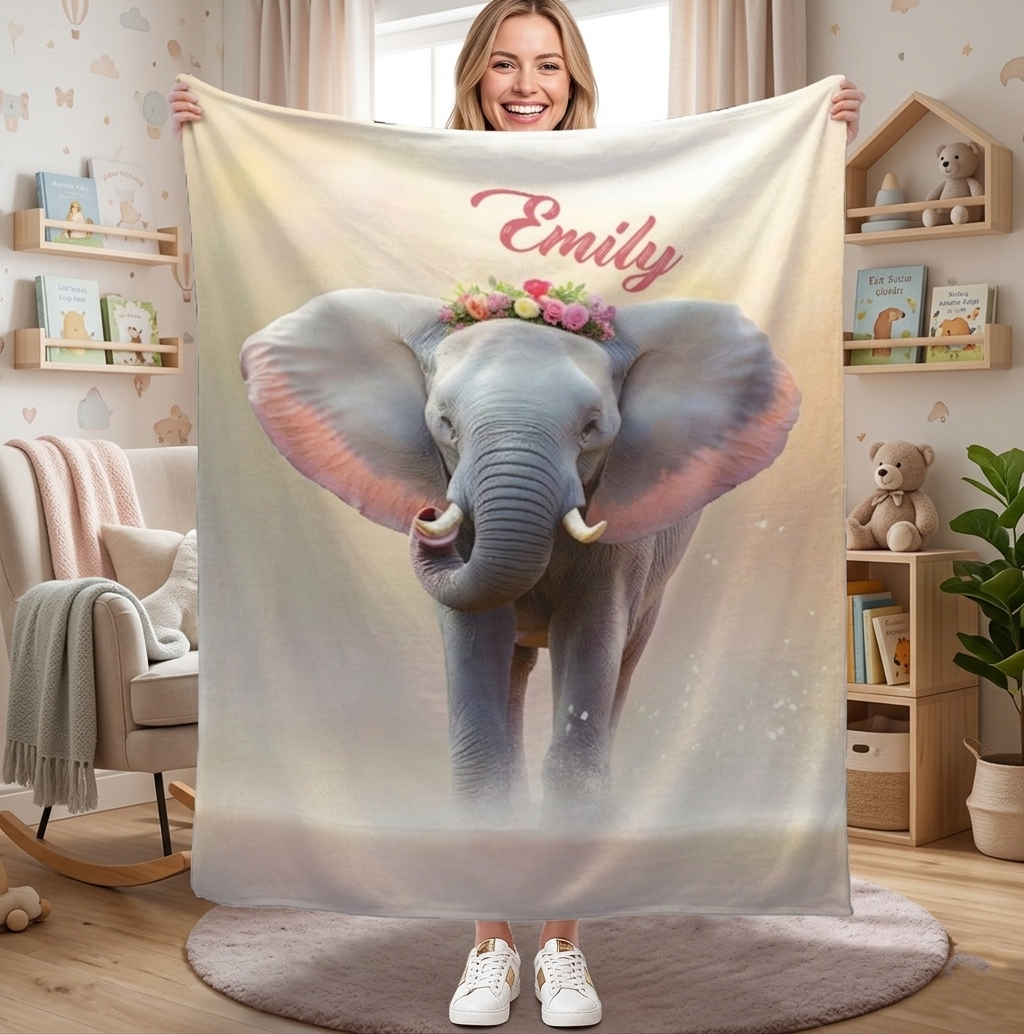 Personalized elephant blanket in light cream with 'Emily' name and floral bouquet