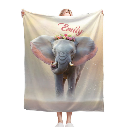 Personalized elephant blanket in light cream with 'Emily' name and floral heart