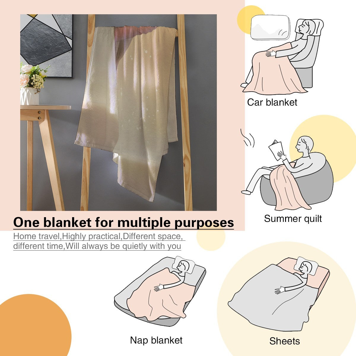 Light cream blanket with smooth, draped fabric and visible stitched edge