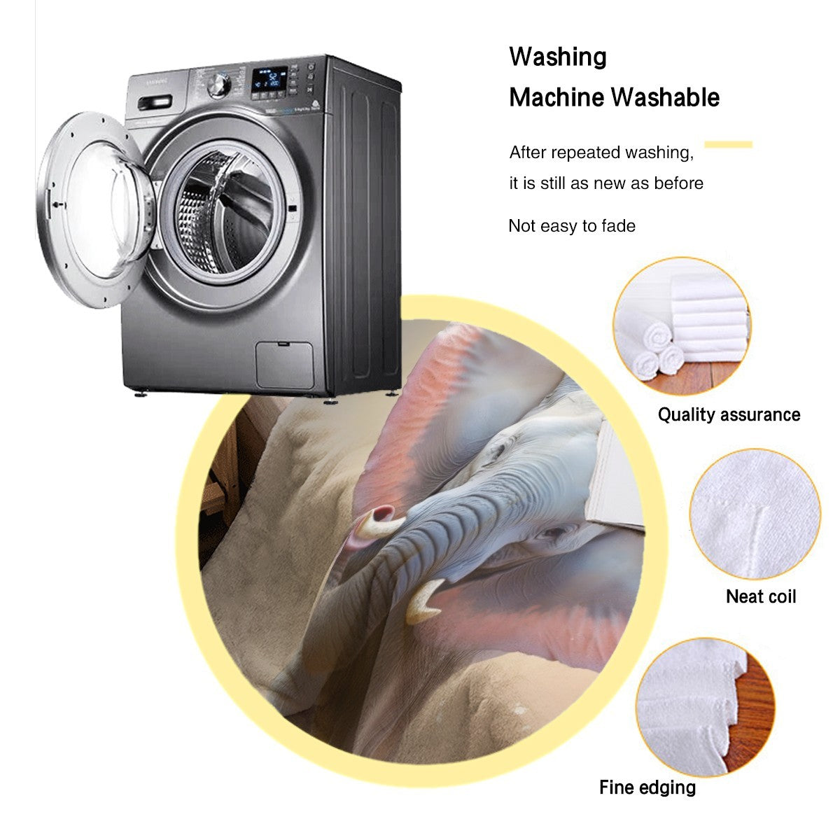 Personalized elephant blanket care graphic with washing machine and 'Emily' design