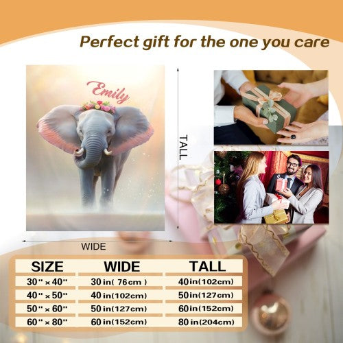 Gift size chart for personalized elephant blanket with 'Emily' design