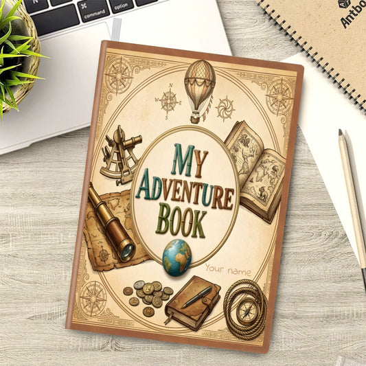 Personalized A5 adventure journal with illustrated front cover on a desk, teal title text.