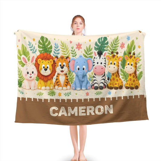 Personalized kids safari blanket with jungle animals and name CAMERON, cream top and brown base