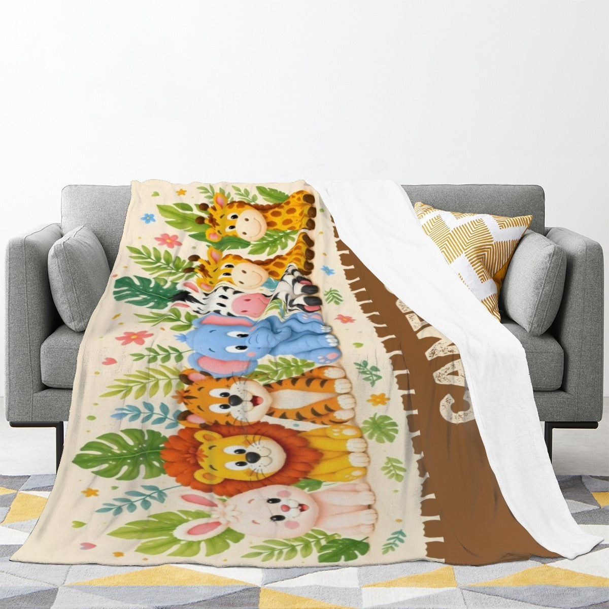 Safari animal fleece blanket with colorful jungle animals, cream top and brown reverse, fringed border