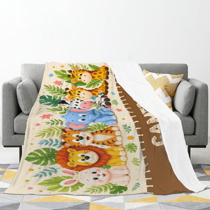 Safari animal fleece blanket with colorful jungle animals, cream top and brown reverse, fringed border