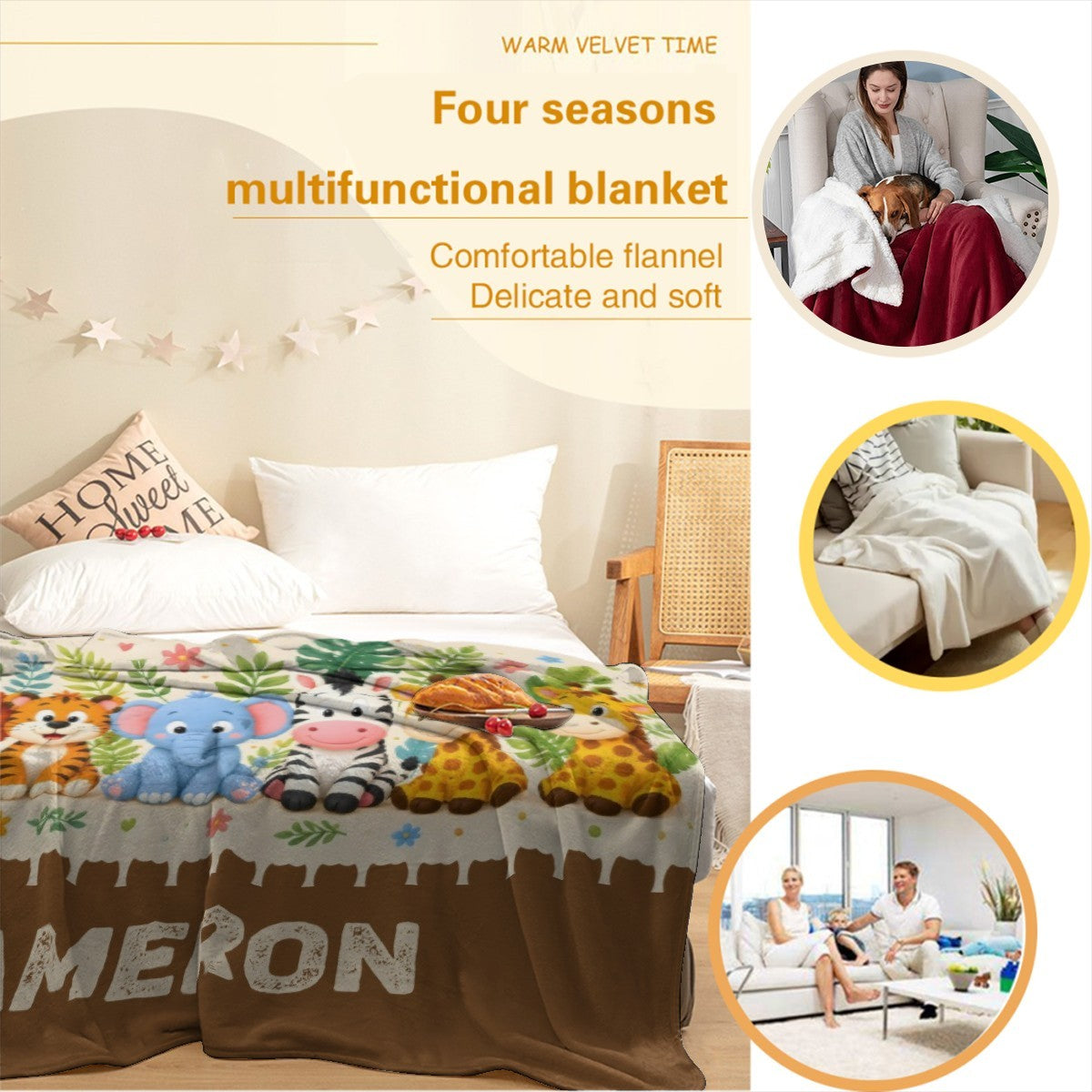 Flannel safari blanket with jungle animal print and partial name MERON on brown panel, fringed edge