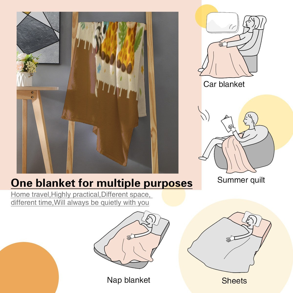 Safari blanket corner with colorful jungle animal illustration and fringed brown edge