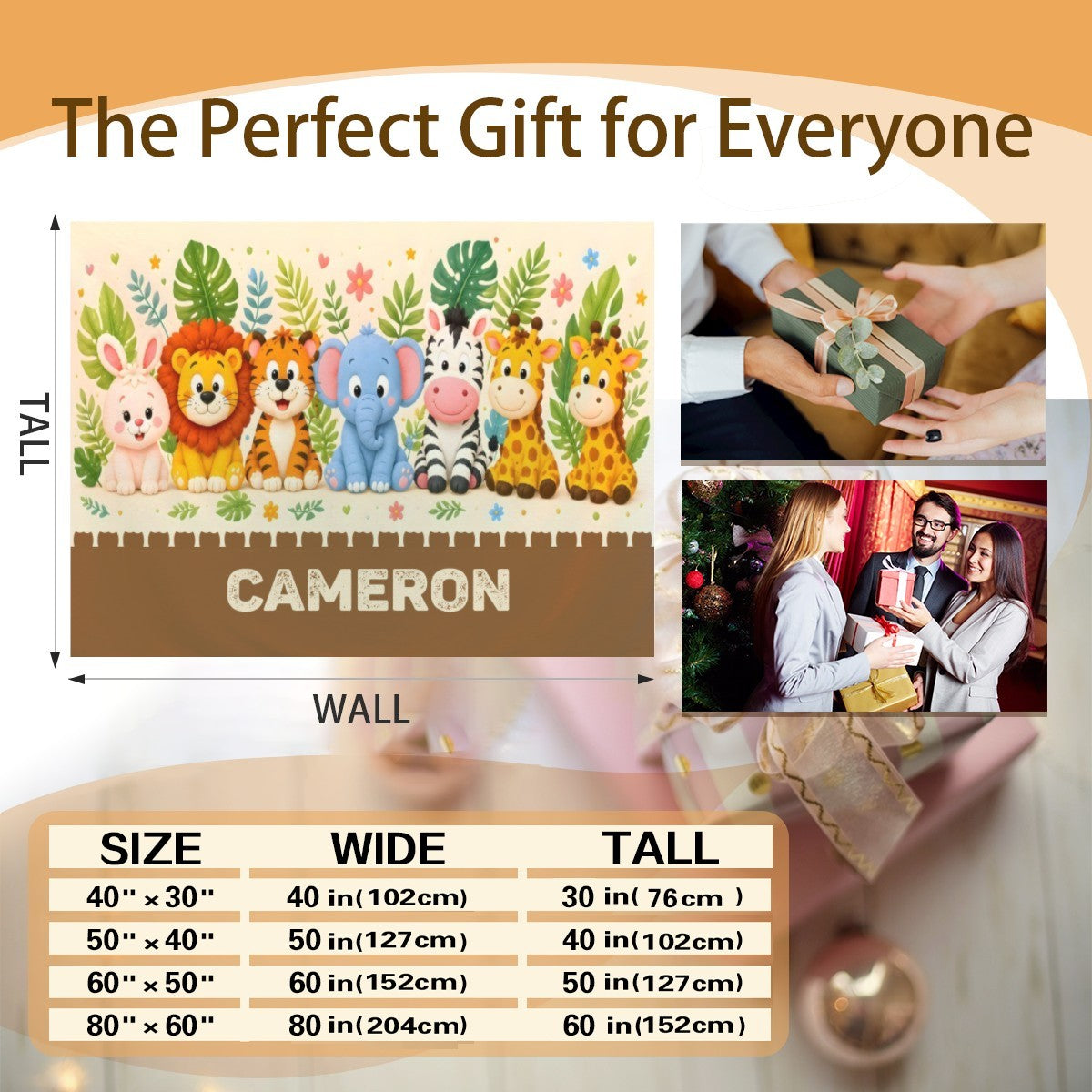 Personalized safari blanket featuring jungle animals and CAMERON text, cream panel and brown bottom