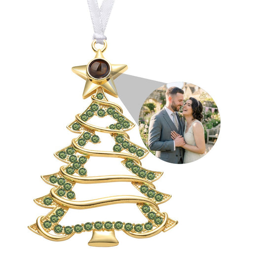 Golden Christmas tree photo projection ornament with green crystal details and photo medallion