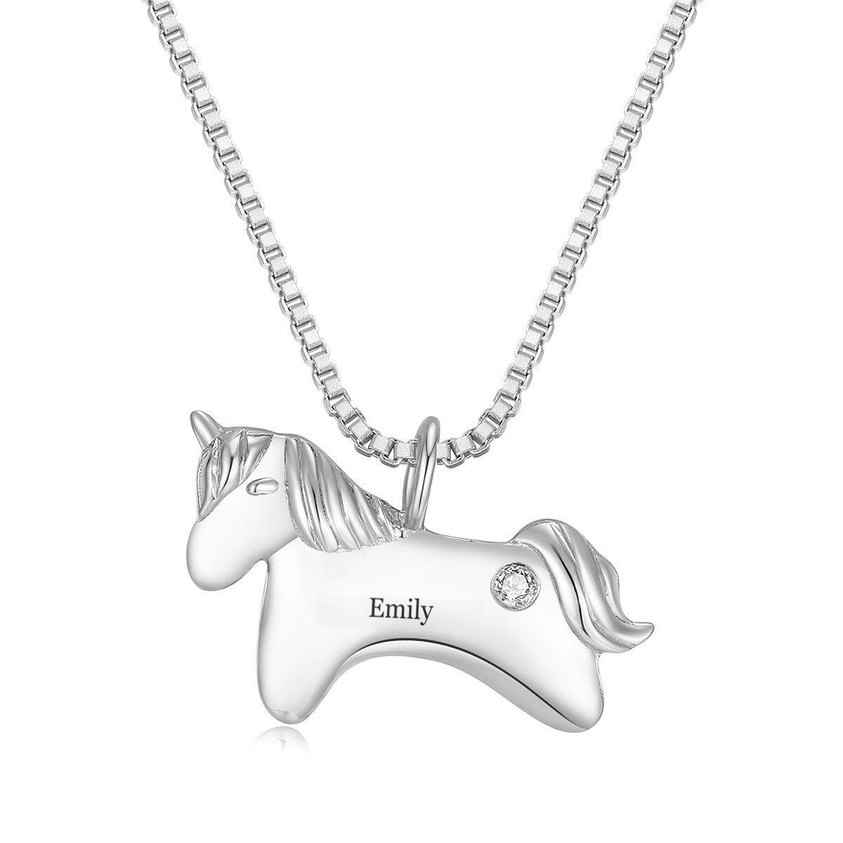 Silver unicorn birthstone necklace with name Emily and a clear round gemstone