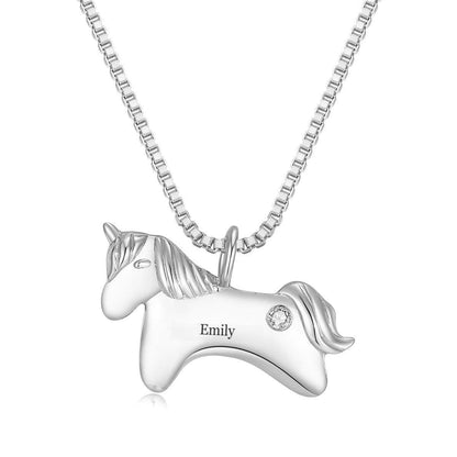 Silver unicorn birthstone necklace with name Emily and a clear round gemstone