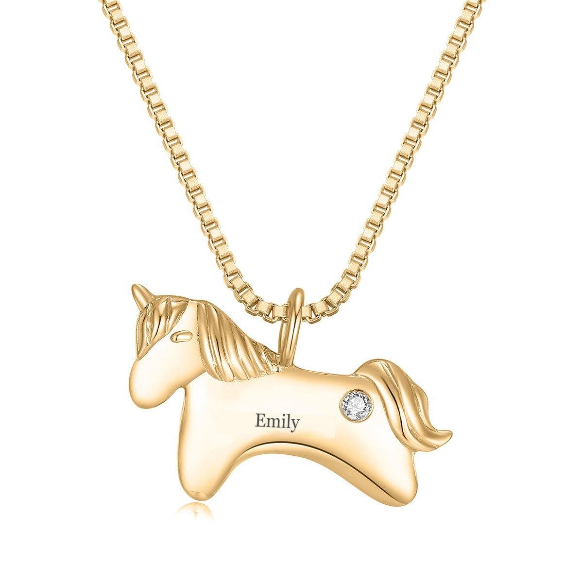 Gold unicorn birthstone necklace with name Emily and a clear round gemstone