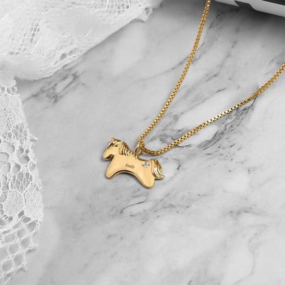 Gold unicorn birthstone necklace with name Emily and a blue round gemstone