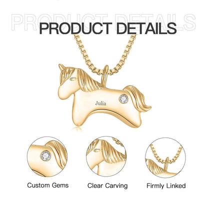 Gold unicorn birthstone pendant necklace with linked chain and gemstone close-up
