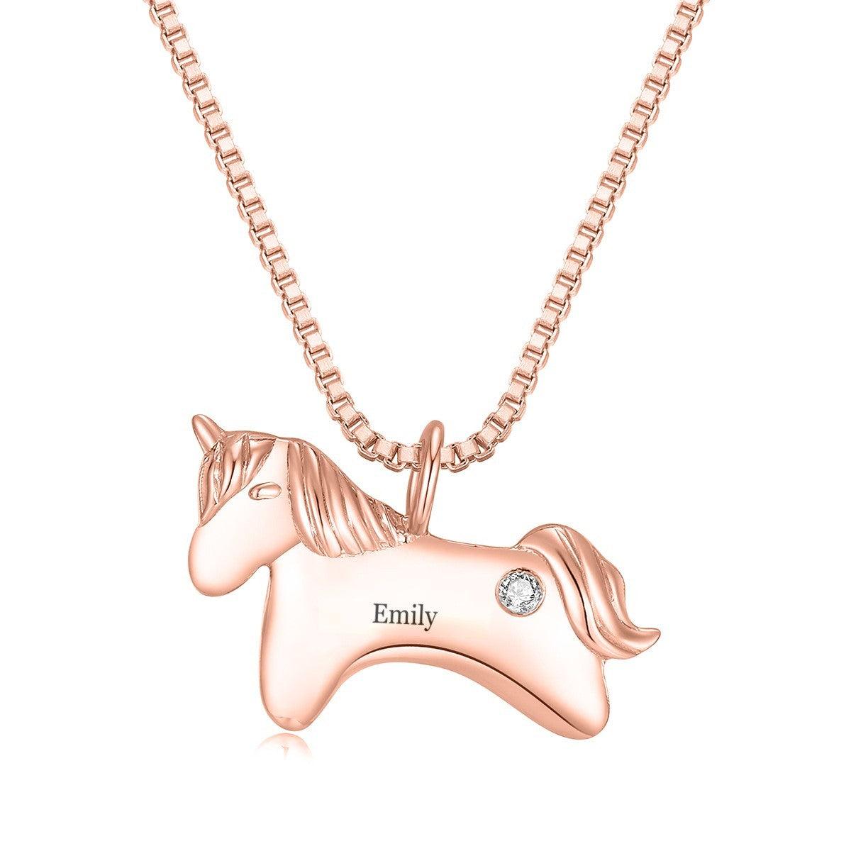 Rose gold unicorn birthstone necklace with name Emily and a clear round gemstone
