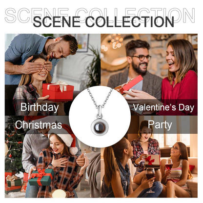 Silver photo projection necklace with round locket pendant and chain