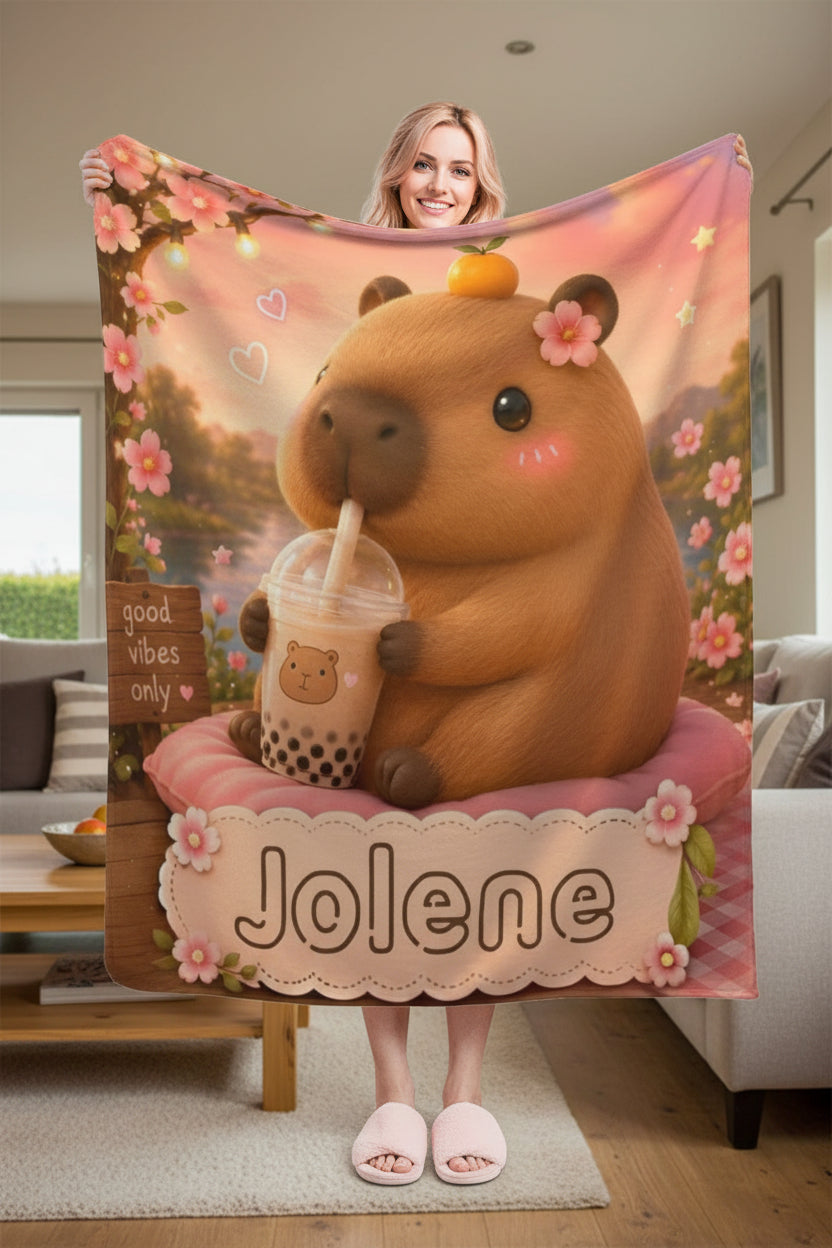 Jolene teddy bear flannel blanket with pink floral border and boba cup design