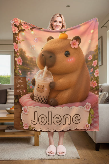 Jolene teddy bear flannel blanket with pink floral border and boba cup design