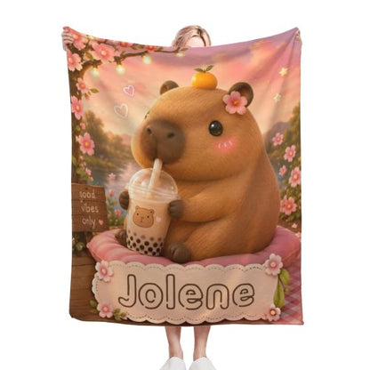 Personalized Capybara Blanket – Custom Name Flannel Throw | Kawaii Boba Tea Gift for Teens